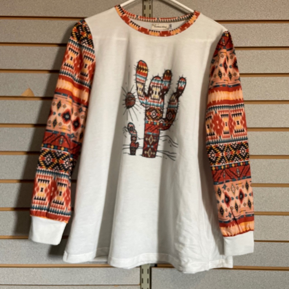 Southern Stitch‎ Womens Medium Cactus Aztec Graphic Long Sleeve Top White Orange